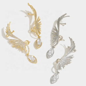 18K Gold Zircon Feather Wings Drop Earrings
