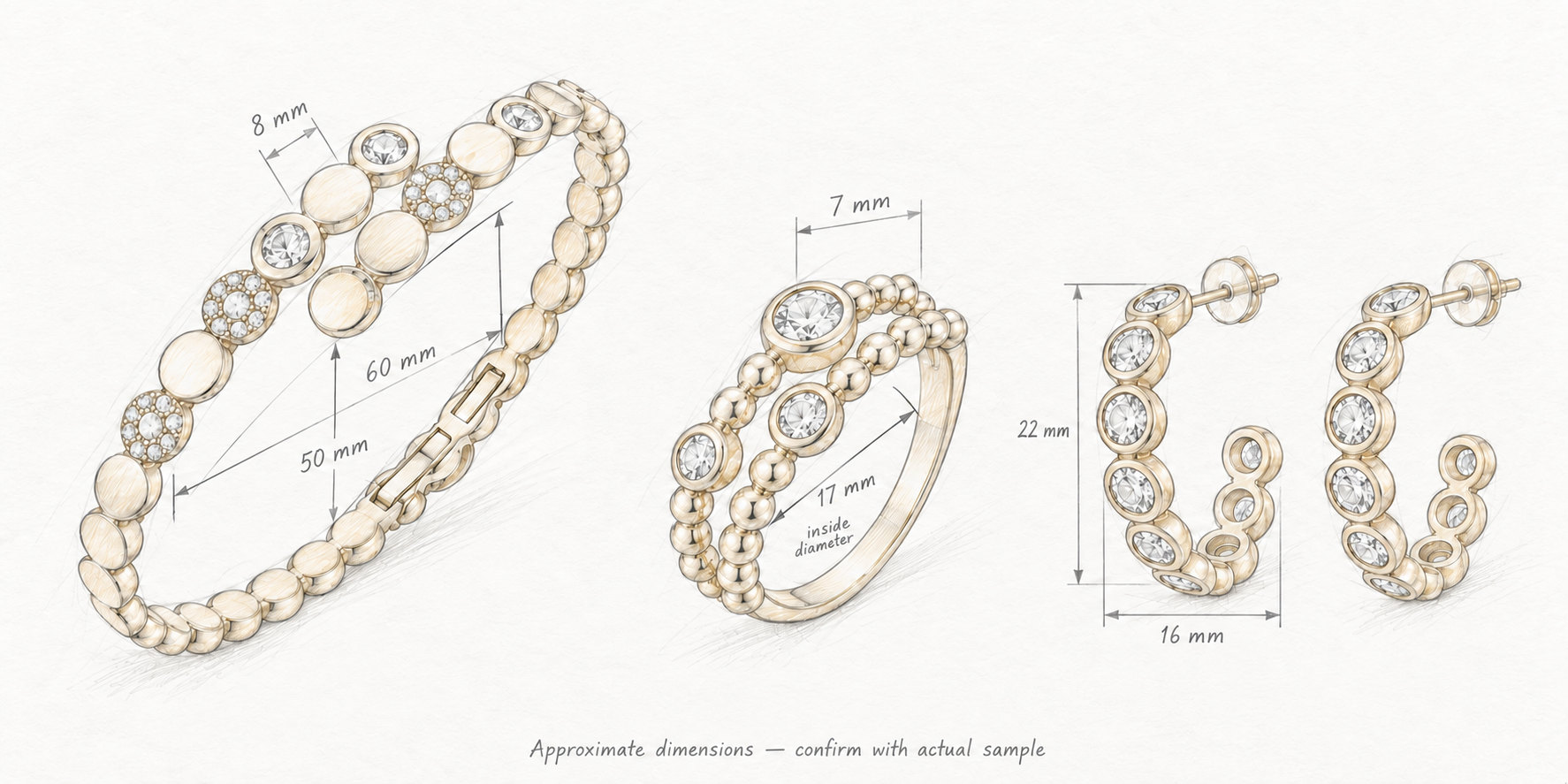 Design illustration of a coordinated bracelet, ring and earrings with indicative dimensions