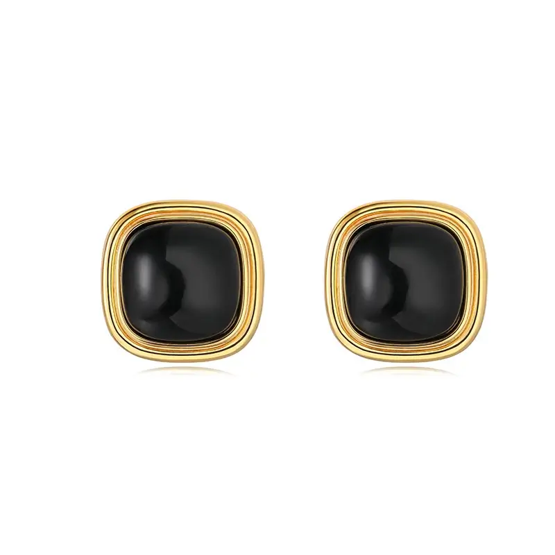 Square Black Stone Stud Earrings E004 — detail 2