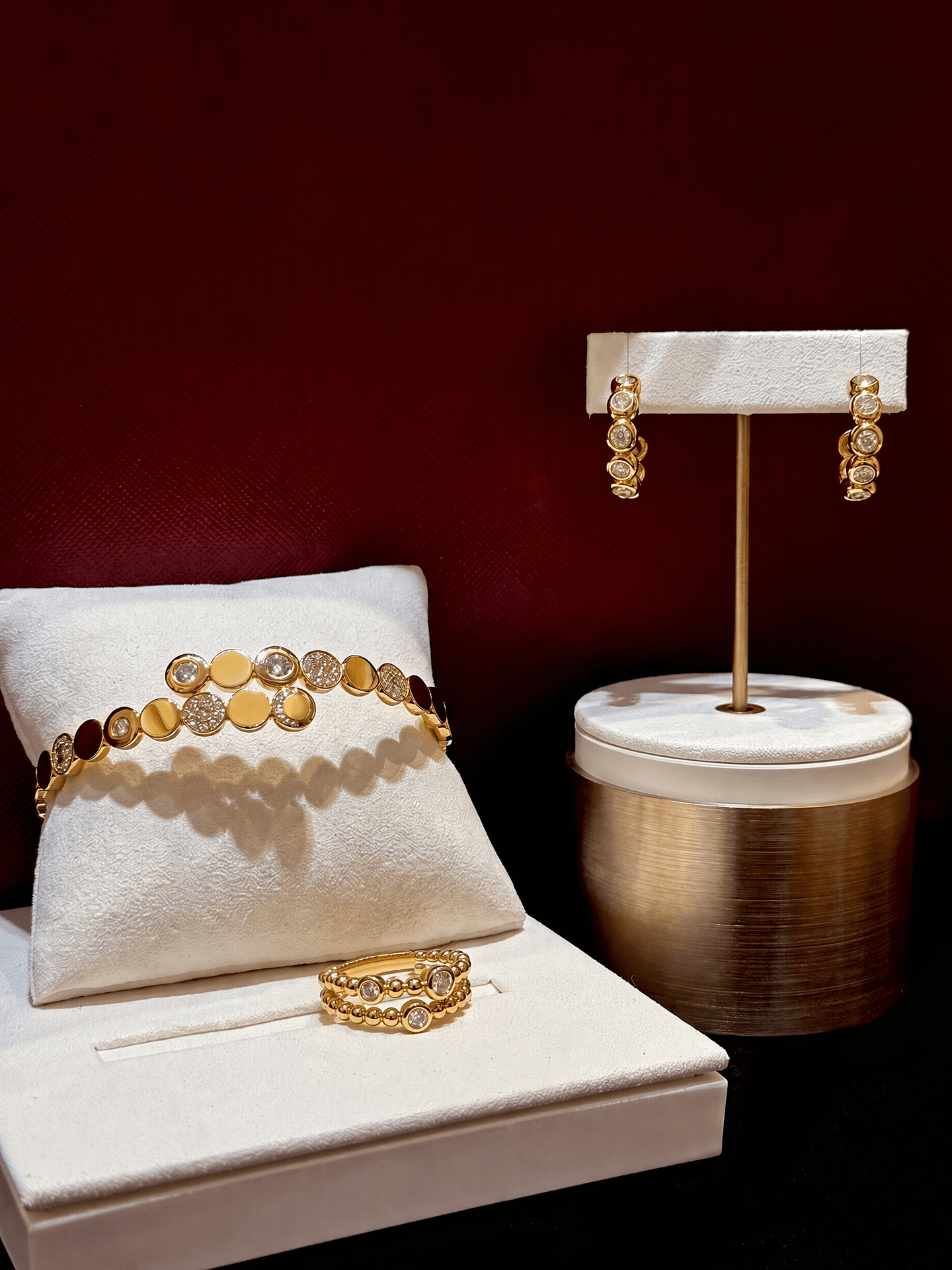 Finished bracelet, ring and earrings arranged in the buyer’s jewelry boutique