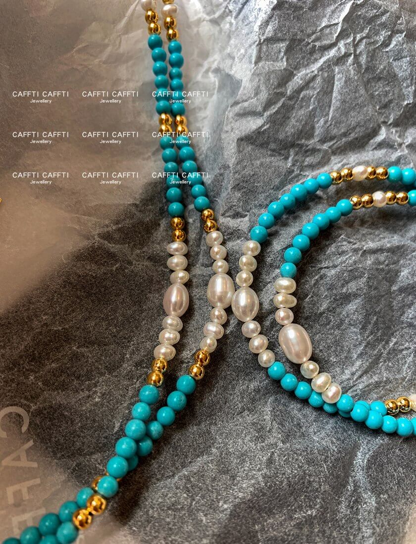 Turquoise-Tone & Pearl Beaded Necklace N004 — main photo