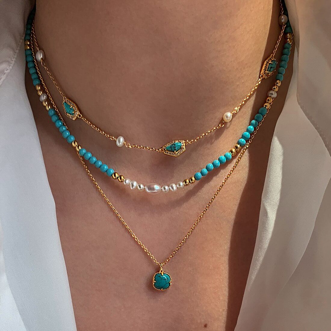 Turquoise-Tone & Pearl Beaded Necklace N004 — detail 1