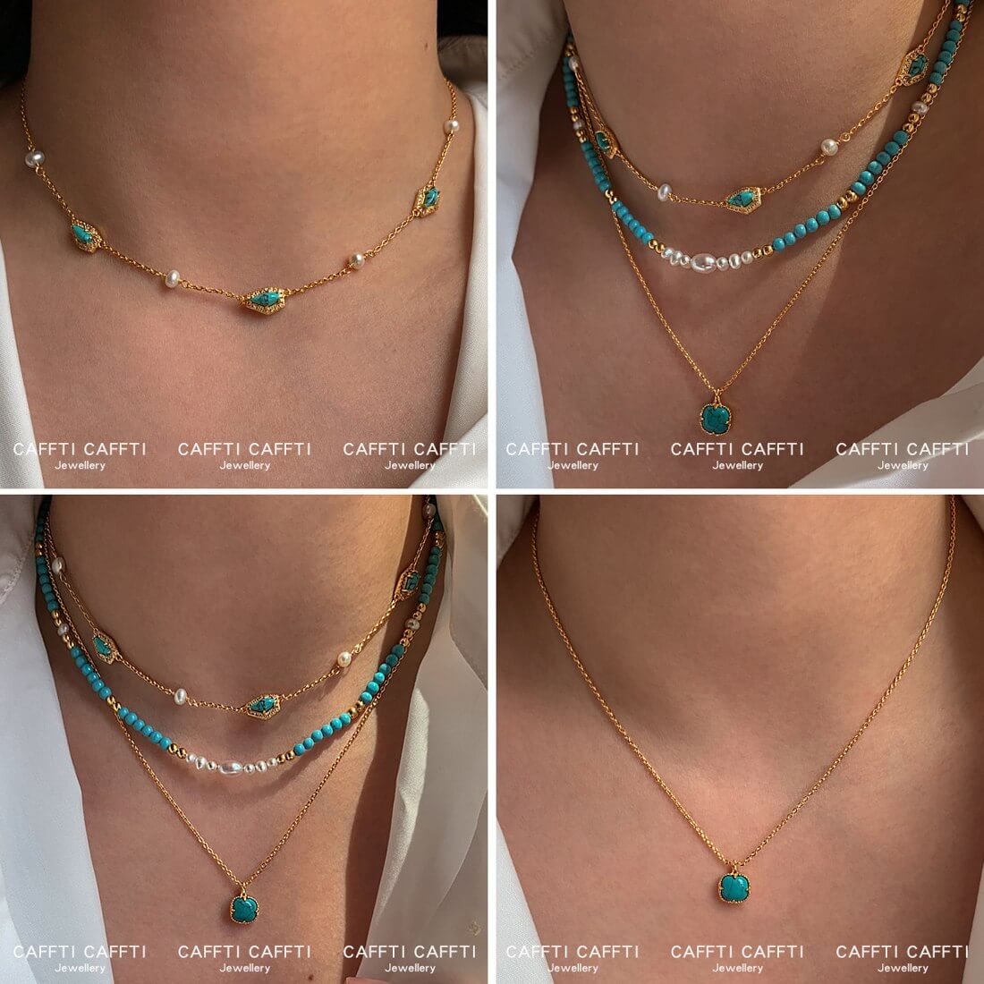 Turquoise-Tone & Pearl Beaded Necklace N004 — detail 2