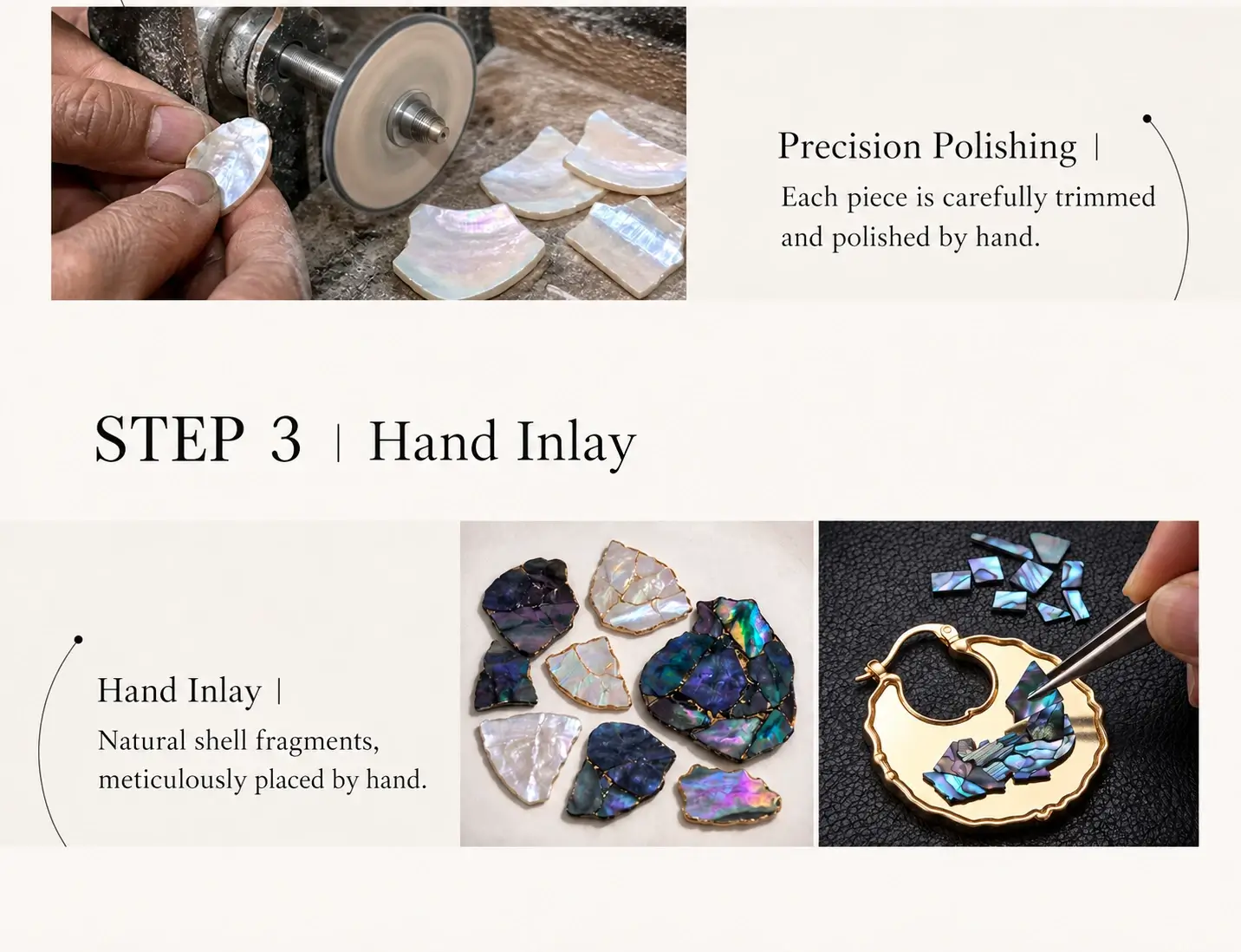 Shell trimming, polishing and hand inlay development