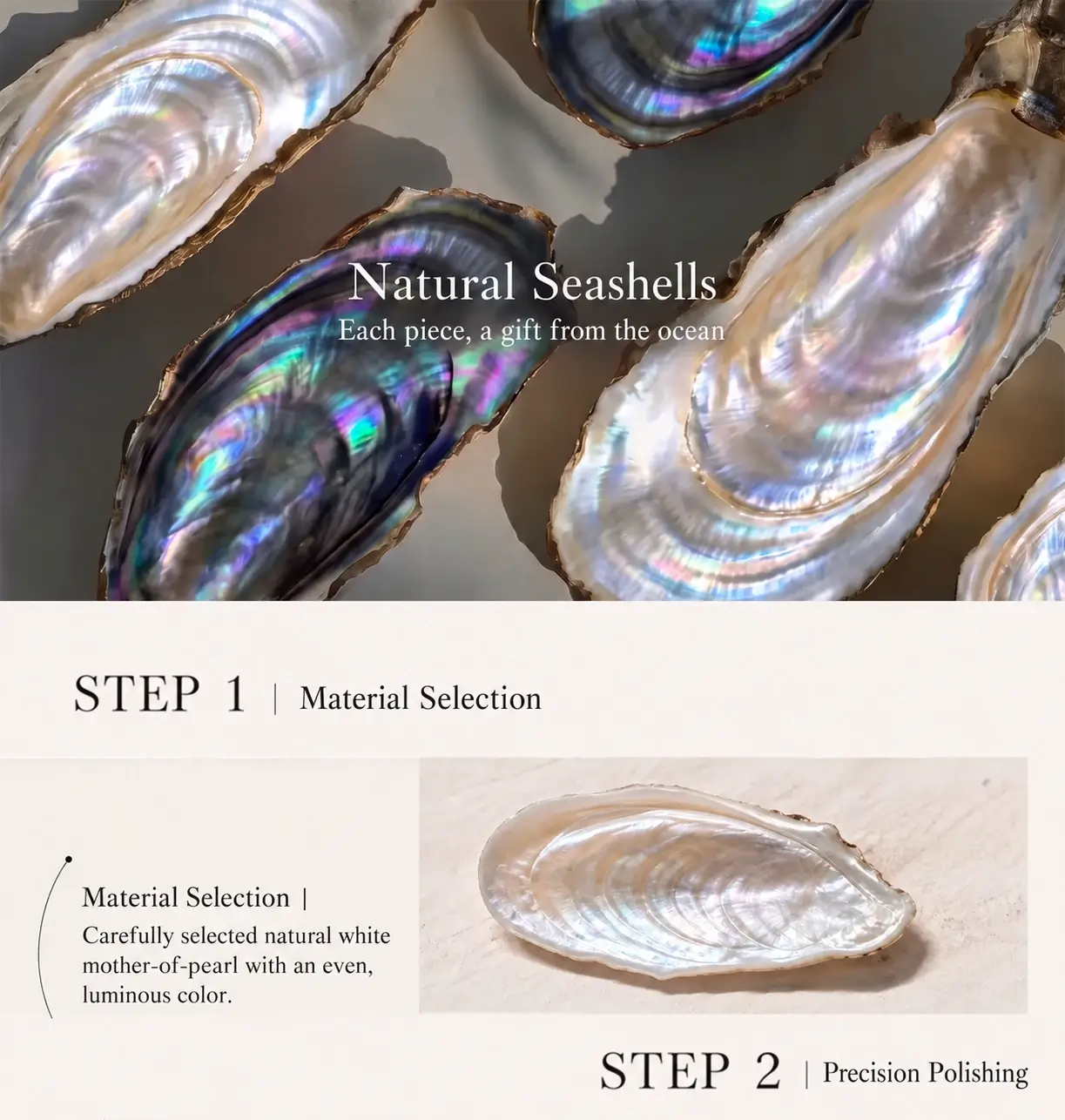 Natural white and dark shell material selected for custom earrings
