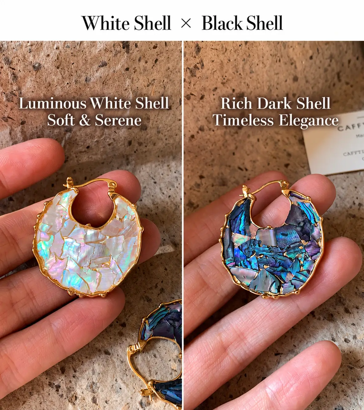 White and dark shell faces of the finished double-sided earrings